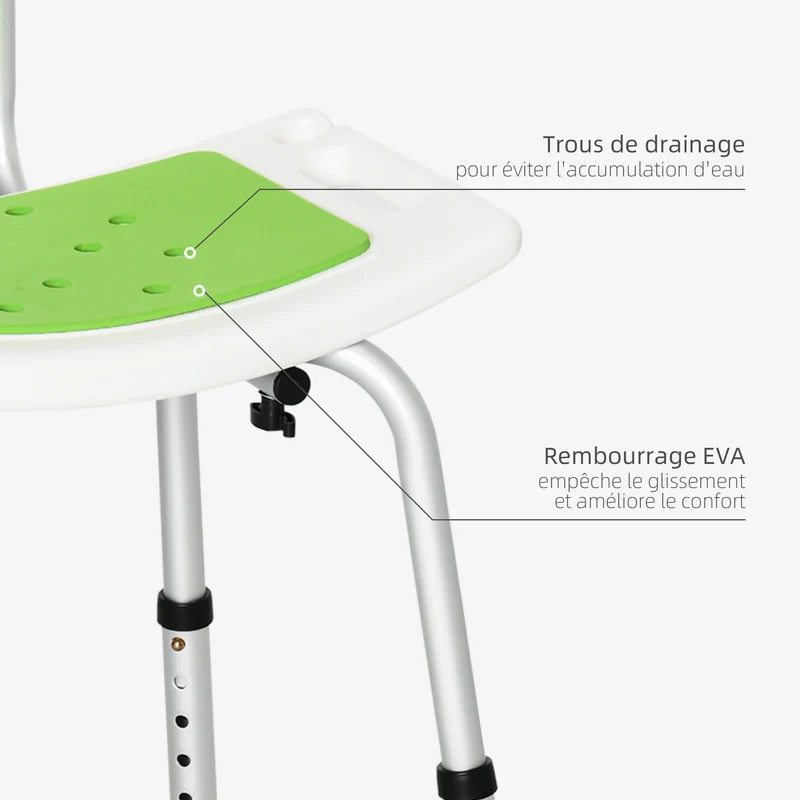Chaise de bain pour seniors réglable 51,5 x 49,5 x 68,5-81 cm assise concave pieds antidérapants épuré en aluminium vert 21_0000888