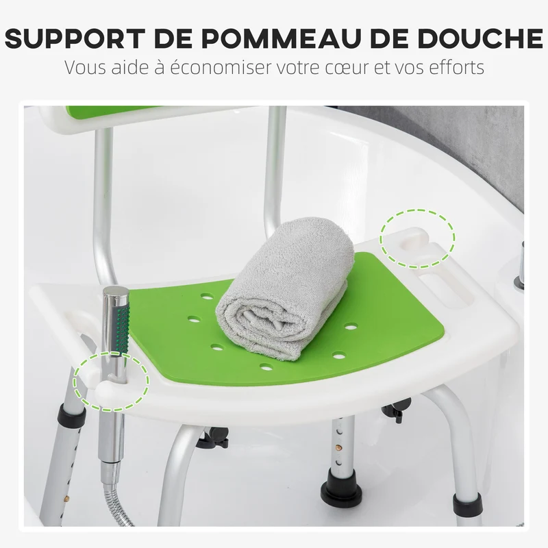 Chaise de bain pour seniors réglable 51,5 x 49,5 x 68,5-81 cm assise concave pieds antidérapants épuré en aluminium vert 21_0000888
