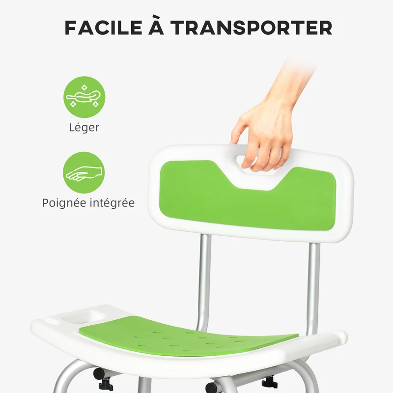 Chaise de bain pour seniors réglable 51,5 x 49,5 x 68,5-81 cm assise concave pieds antidérapants épuré en aluminium vert 21_0000888