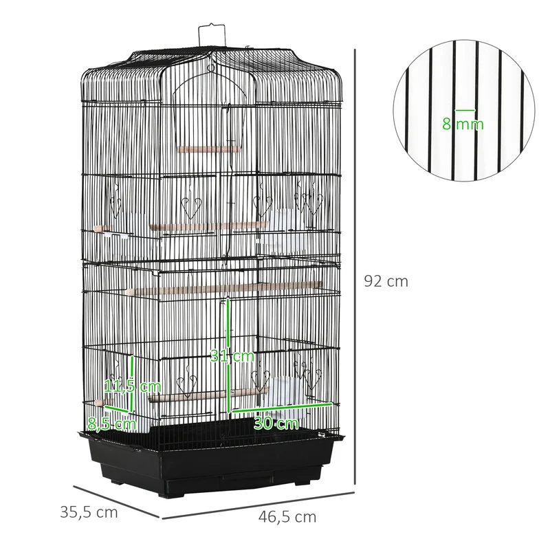 Cage volière pour oiseaux 46,5 x 35,5 x 92 cm avec mangeoires et perchoirs design moderne finition mate en métal noir 21_0007556