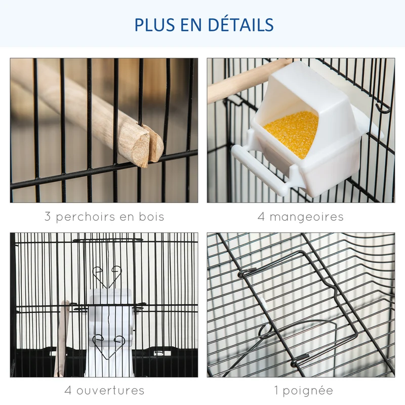 Cage volière pour oiseaux 46,5 x 35,5 x 92 cm avec mangeoires et perchoirs design moderne finition mate en métal noir 21_0007556