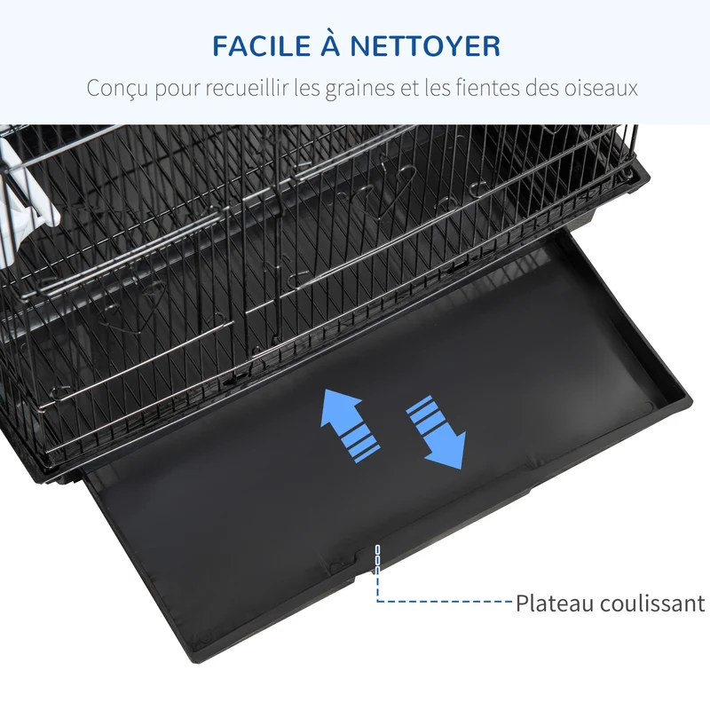 Cage volière pour oiseaux 46,5 x 35,5 x 92 cm avec mangeoires et perchoirs design moderne finition mate en métal noir 21_0007556
