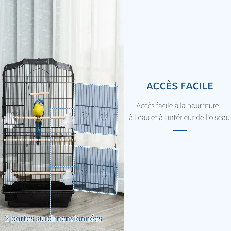 Cage volière pour oiseaux 46,5 x 35,5 x 92 cm avec mangeoires et perchoirs design moderne finition mate en métal noir 21_0007556