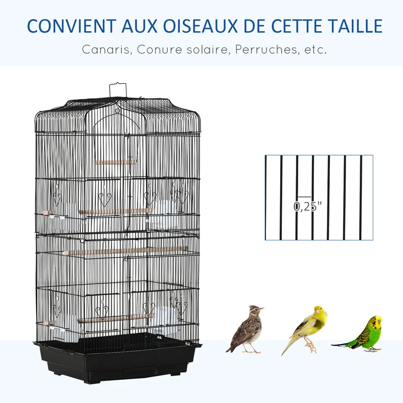 Cage volière pour oiseaux 46,5 x 35,5 x 92 cm avec mangeoires et perchoirs design moderne finition mate en métal noir 21_0007556