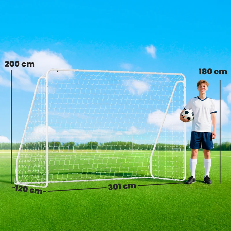 But de football cage entraînement 301 x 120 x 200 cm montage rapide piquets d'ancrage inclus moderne en métal blanc 21_0006624