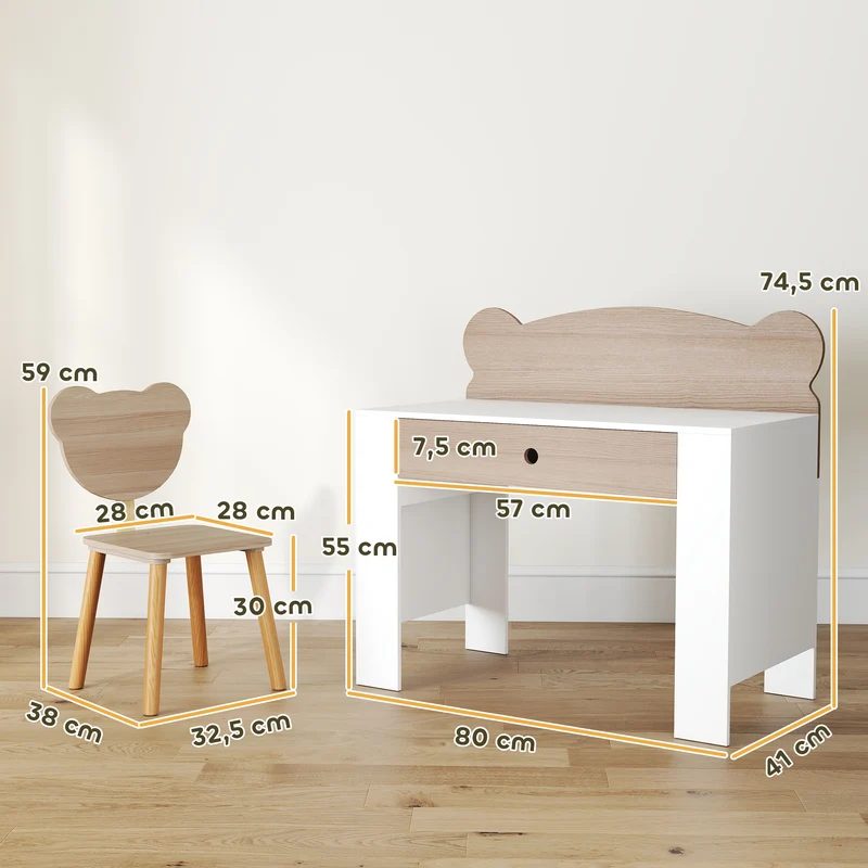 Bureau enfant table et siège 80 x 41 x 74.5 cm grand plateau tiroir rangement scandinave minimaliste en MDF bois naturel 21_0000225