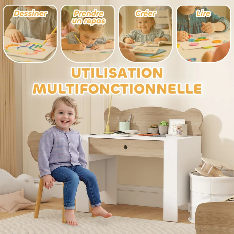 Bureau enfant table et siège 80 x 41 x 74.5 cm grand plateau tiroir rangement scandinave minimaliste en MDF bois naturel 21_0000225