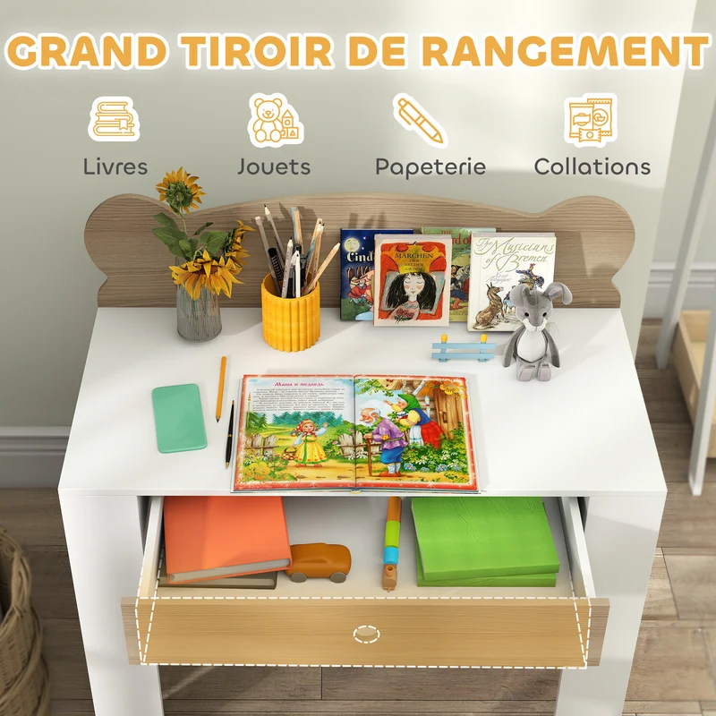 Bureau enfant table et siège 80 x 41 x 74.5 cm grand plateau tiroir rangement scandinave minimaliste en MDF bois naturel 21_0000225