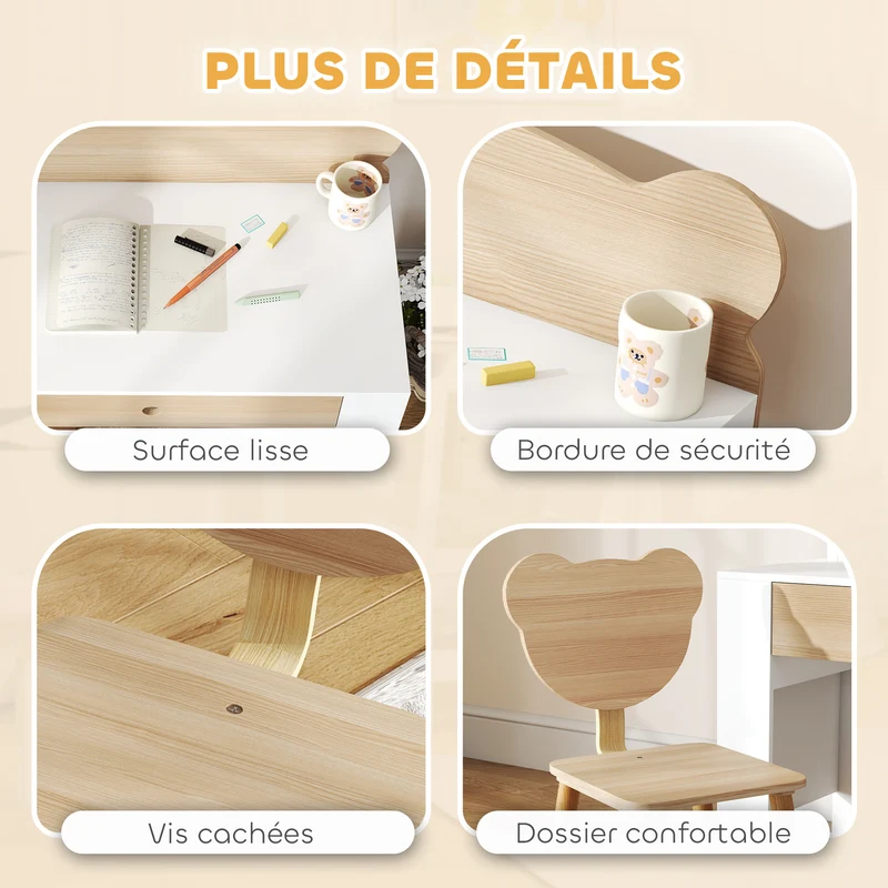 Bureau enfant table et siège 80 x 41 x 74.5 cm grand plateau tiroir rangement scandinave minimaliste en MDF bois naturel 21_0000225