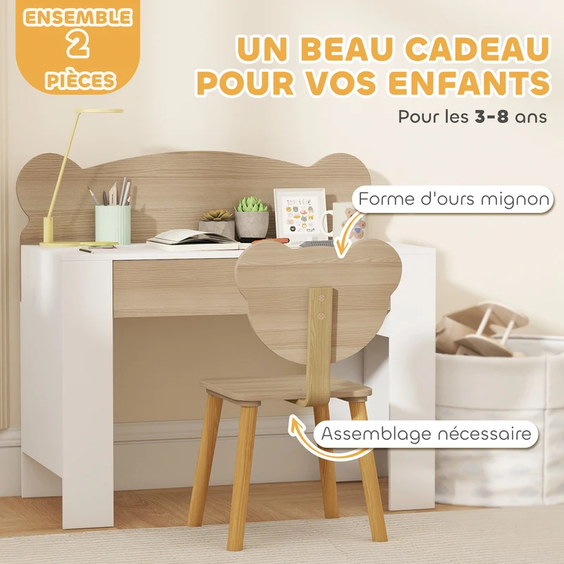 Bureau enfant table et siège 80 x 41 x 74.5 cm grand plateau tiroir rangement scandinave minimaliste en MDF bois naturel 21_0000225
