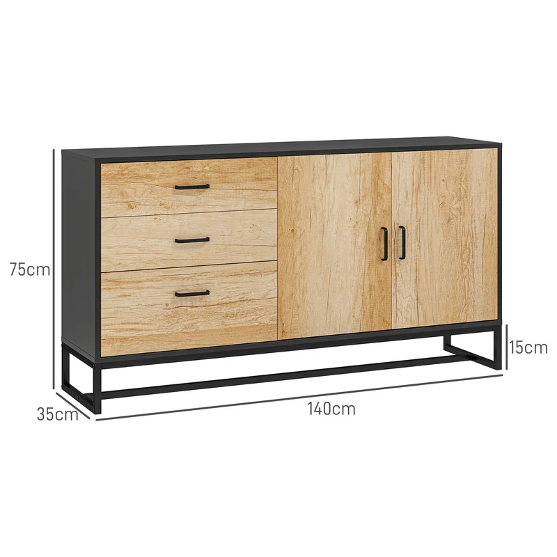 Buffet de rangement 140 x 35 x 75 cm 3 tiroirs étagère réglable pieds en acier moderne en panneau de particules naturel 21_0003450