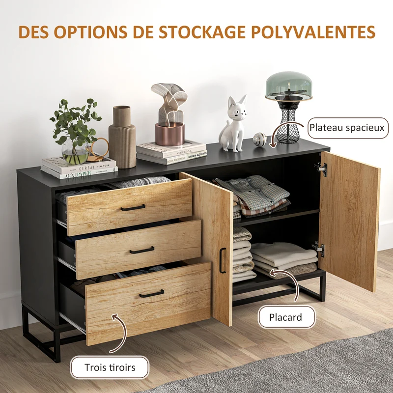 Buffet de rangement 140 x 35 x 75 cm 3 tiroirs étagère réglable pieds en acier moderne en panneau de particules naturel 21_0003450