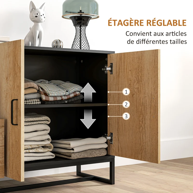 Buffet de rangement 140 x 35 x 75 cm 3 tiroirs étagère réglable pieds en acier moderne en panneau de particules naturel 21_0003450