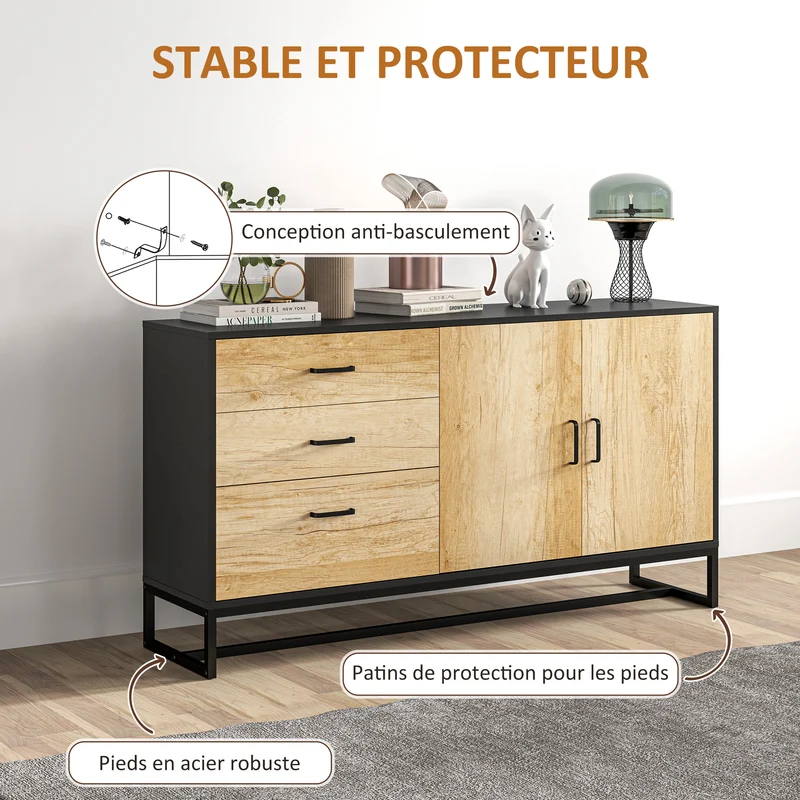 Buffet de rangement 140 x 35 x 75 cm 3 tiroirs étagère réglable pieds en acier moderne en panneau de particules naturel 21_0003450