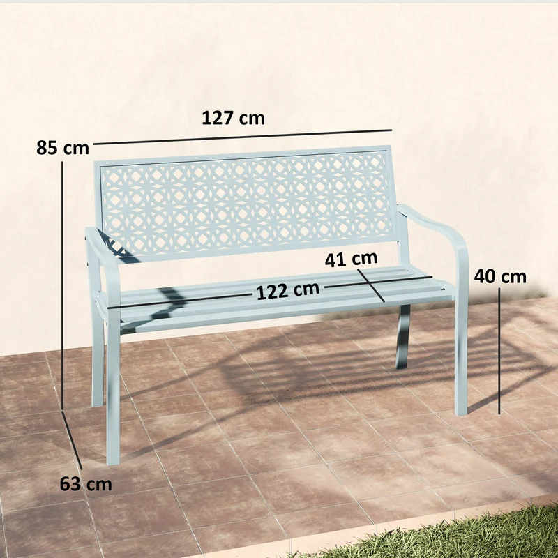 Banc de jardin deux places 127 x 63 x 85 cm résistant assise incurvée idéal pour terrasse style industriel en acier bleu 21_0005261