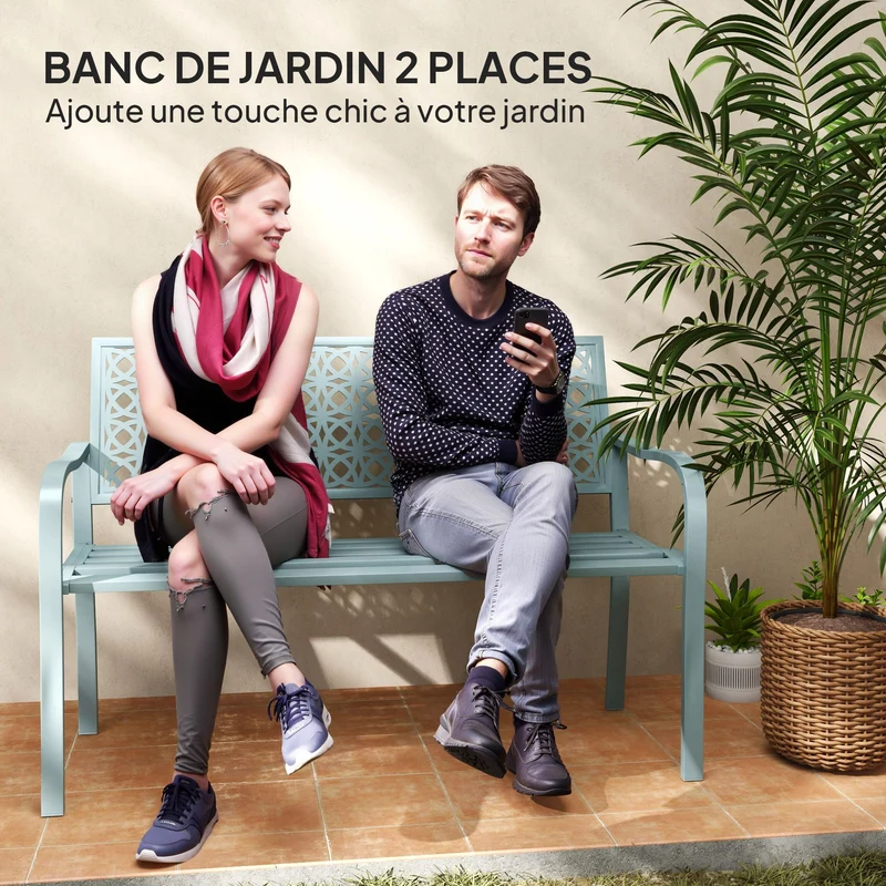 Banc de jardin deux places 127 x 63 x 85 cm résistant assise incurvée idéal pour terrasse style industriel en acier bleu 21_0005261