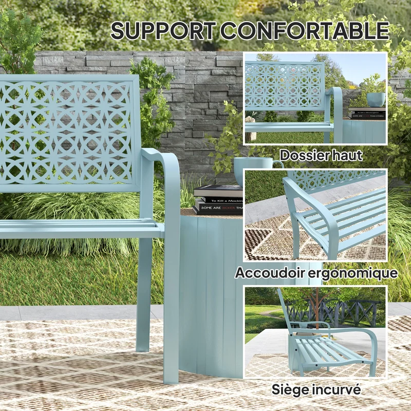 Banc de jardin deux places 127 x 63 x 85 cm résistant assise incurvée idéal pour terrasse style industriel en acier bleu 21_0005261