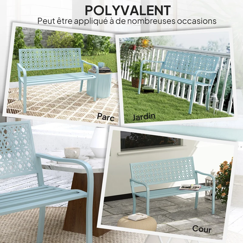 Banc de jardin deux places 127 x 63 x 85 cm résistant assise incurvée idéal pour terrasse style industriel en acier bleu 21_0005261