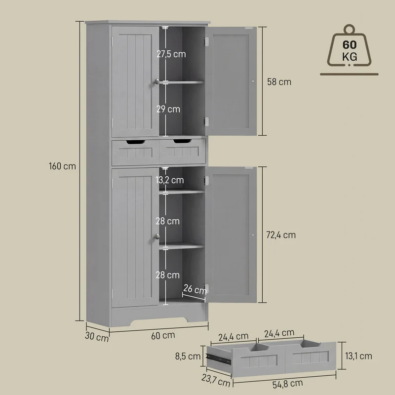 Armoire haute de salle de bain 60 x 30 x 160 cm tiroir et placard intégrés pieds antidérapants épuré moderne en MDF gris 21_0002070