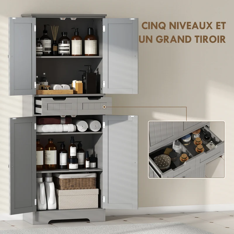 Armoire haute de salle de bain 60 x 30 x 160 cm tiroir et placard intégrés pieds antidérapants épuré moderne en MDF gris 21_0002070