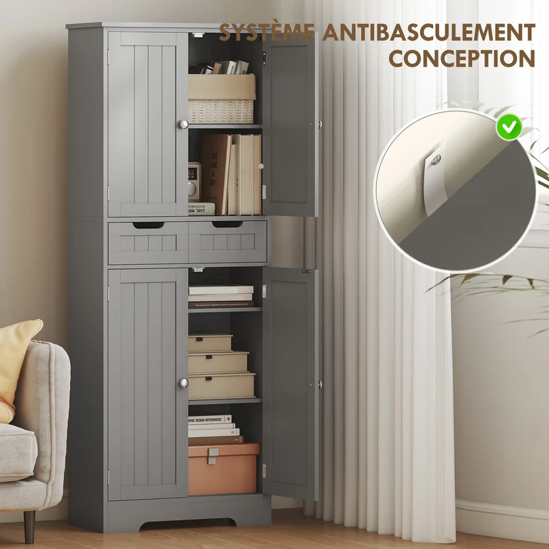 Armoire haute de salle de bain 60 x 30 x 160 cm tiroir et placard intégrés pieds antidérapants épuré moderne en MDF gris 21_0002070