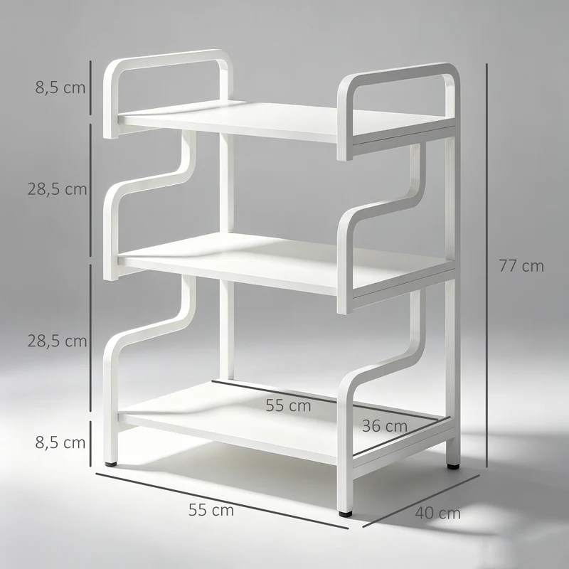 Étagère de rangement 3 niveaux 55 x 40 x 77 cm gain de place robuste courbé style industriel contemporain en acier blanc 21_0002936