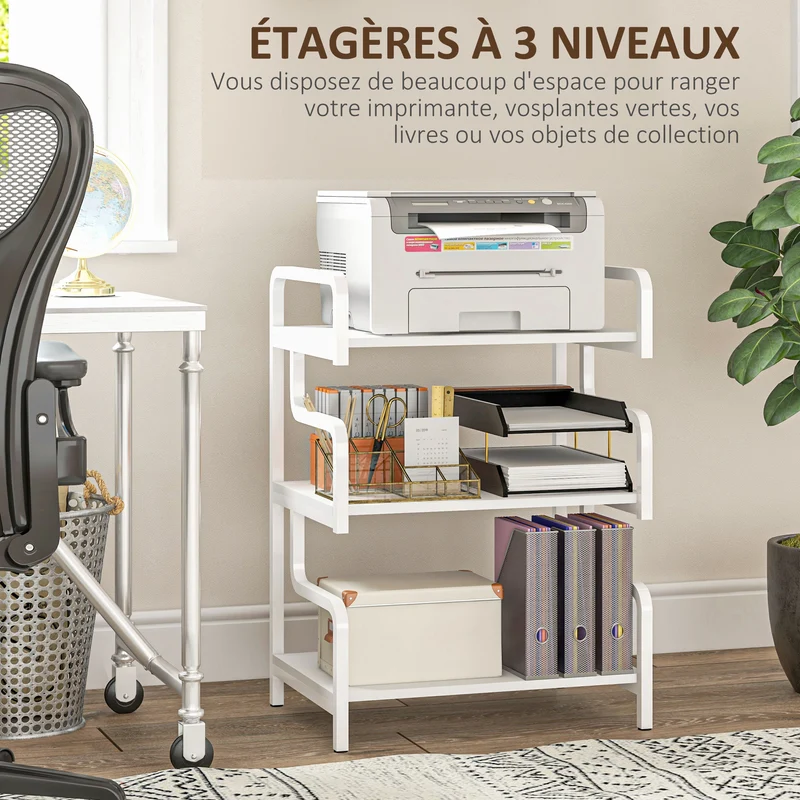 Étagère de rangement 3 niveaux 55 x 40 x 77 cm gain de place robuste courbé style industriel contemporain en acier blanc 21_0002936