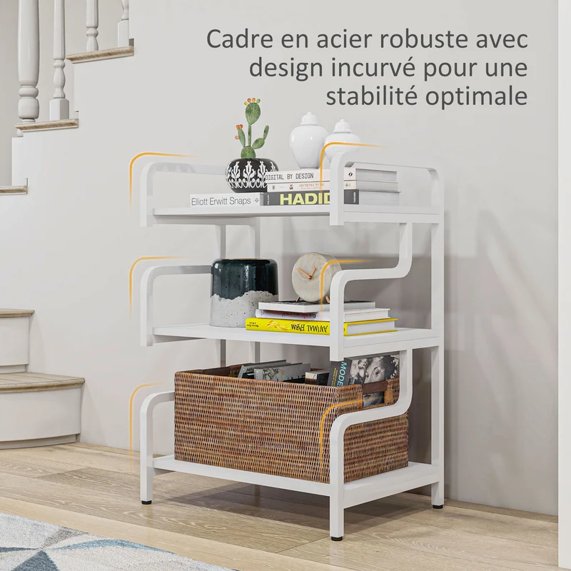 Étagère de rangement 3 niveaux 55 x 40 x 77 cm gain de place robuste courbé style industriel contemporain en acier blanc 21_0002936