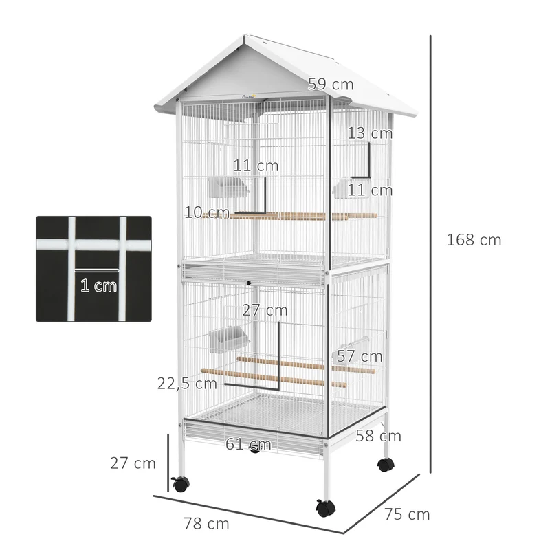 Volière cage à oiseaux 78 x 75 x 168 cm sur roulettes plateau amovible entretien pratique design épuré en métal blanc 21_0007569