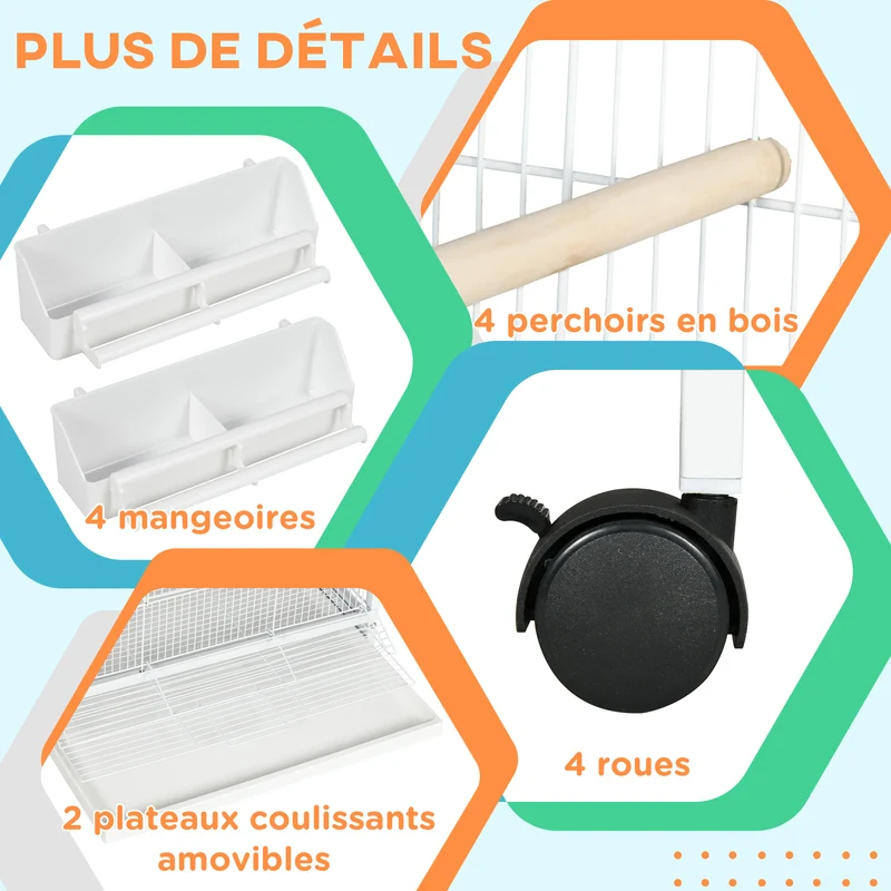 Volière cage à oiseaux 78 x 75 x 168 cm sur roulettes plateau amovible entretien pratique design épuré en métal blanc 21_0007569