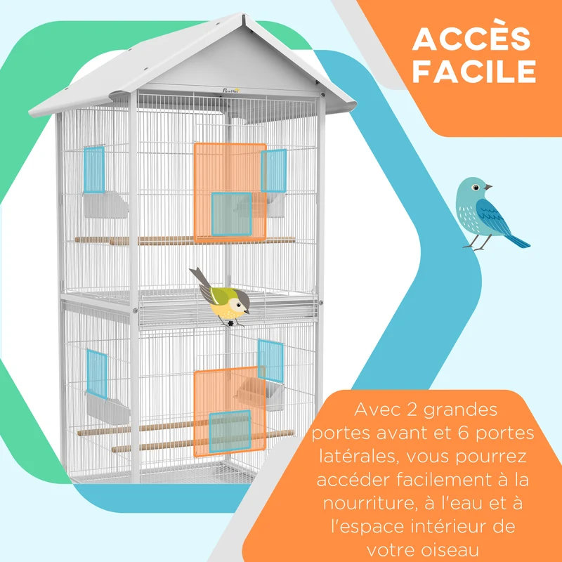 Volière cage à oiseaux 78 x 75 x 168 cm sur roulettes plateau amovible entretien pratique design épuré en métal blanc 21_0007569