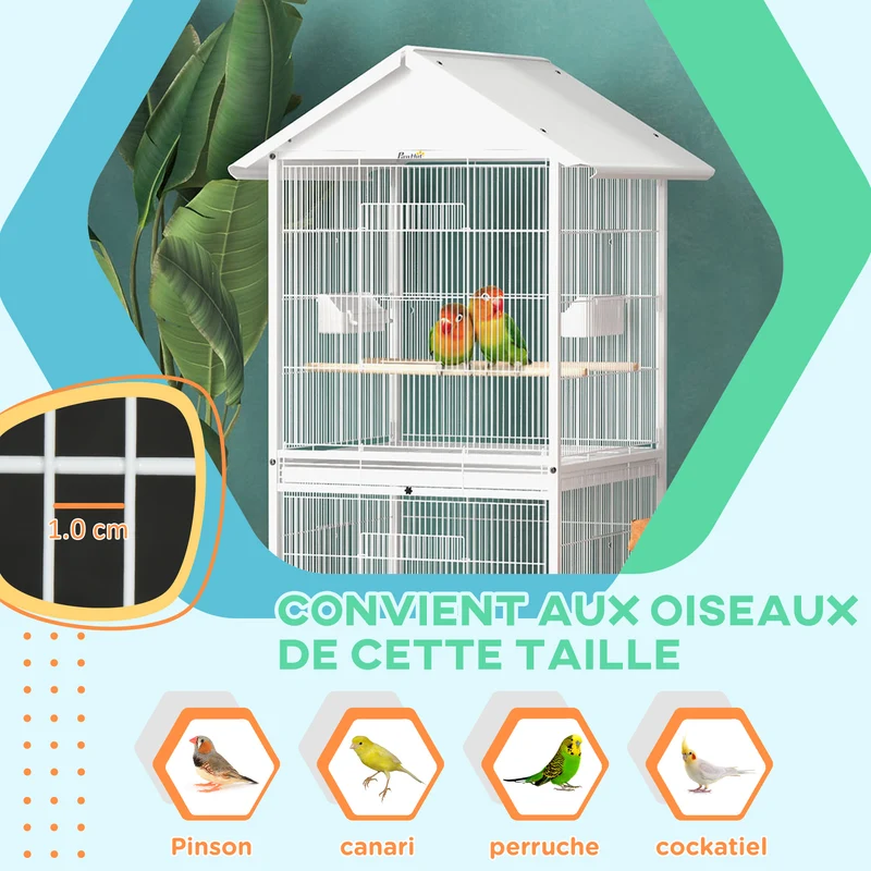 Volière cage à oiseaux 78 x 75 x 168 cm sur roulettes plateau amovible entretien pratique design épuré en métal blanc 21_0007569