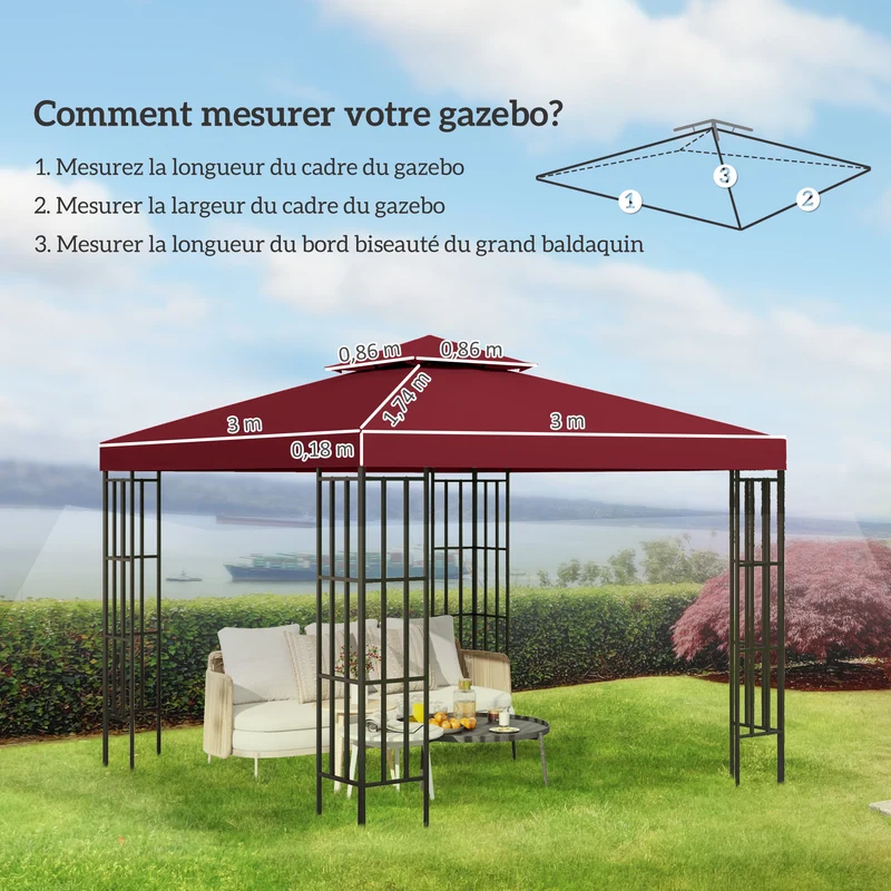 Toit de rechange pour pavillon 3 x 3 m imperméable style jardin contemporain festif pratique en polyester rouge vineux 21_0004738