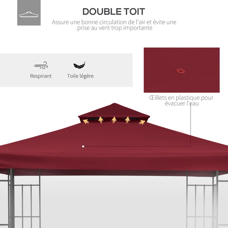 Toit de rechange pour pavillon 3 x 3 m imperméable style jardin contemporain festif pratique en polyester rouge vineux 21_0004738