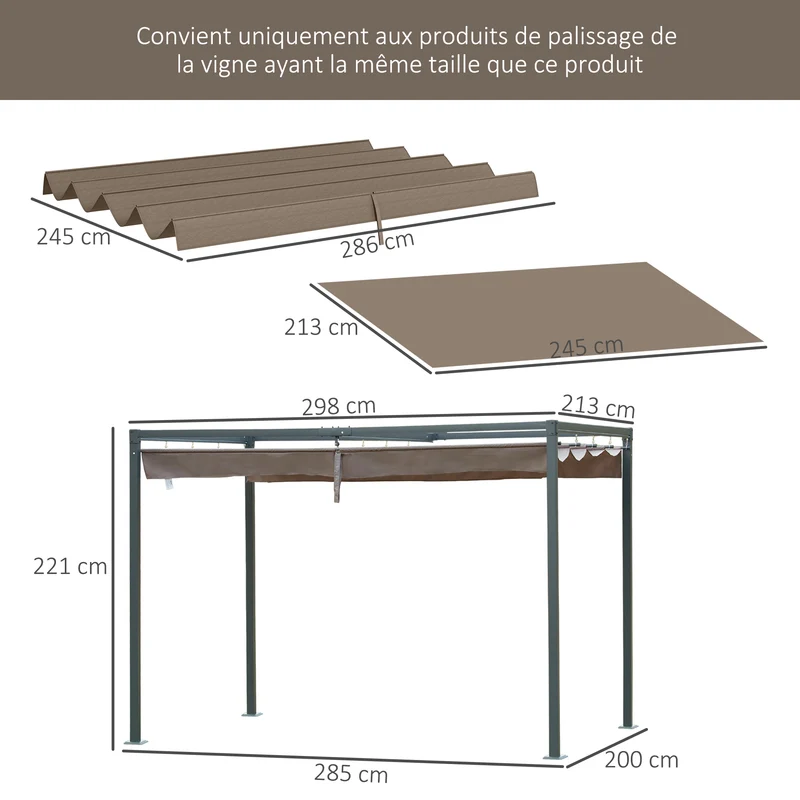 Toile de toit pour pergola 286 x 245 cm protection solaire anti uv évacuation d'eau moderne terrasse en polyester café 21_0004845