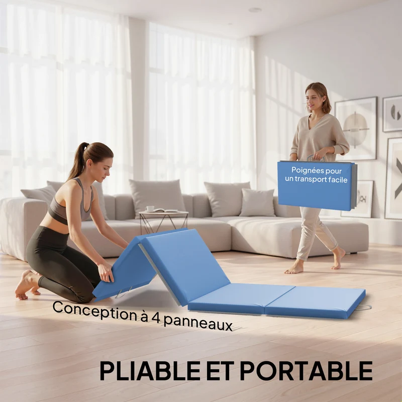 Tapis de gymnastique pliable 180 x 80 x 5 cm antidérapant transportable 2 poignées cosy en polyéthylène expansé bleu clair 21_0006596