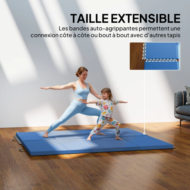 Tapis de gymnastique pliable 180 x 80 x 5 cm antidérapant transportable 2 poignées cosy en polyéthylène expansé bleu clair 21_0006596