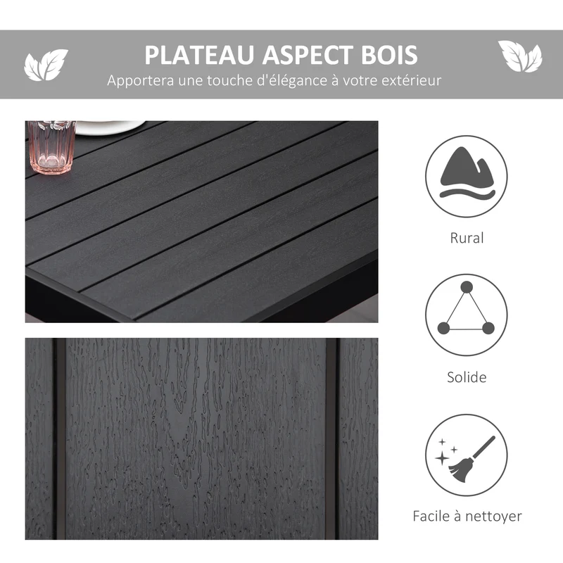 Table à manger de jardin pour 8 personnes 190 x 90 x 74 cm stable entretien aisé rustique extérieur en aluminium noir 21_0004698