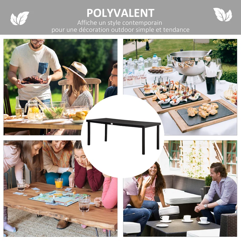 Table à manger de jardin pour 8 personnes 190 x 90 x 74 cm stable entretien aisé rustique extérieur en aluminium noir 21_0004698