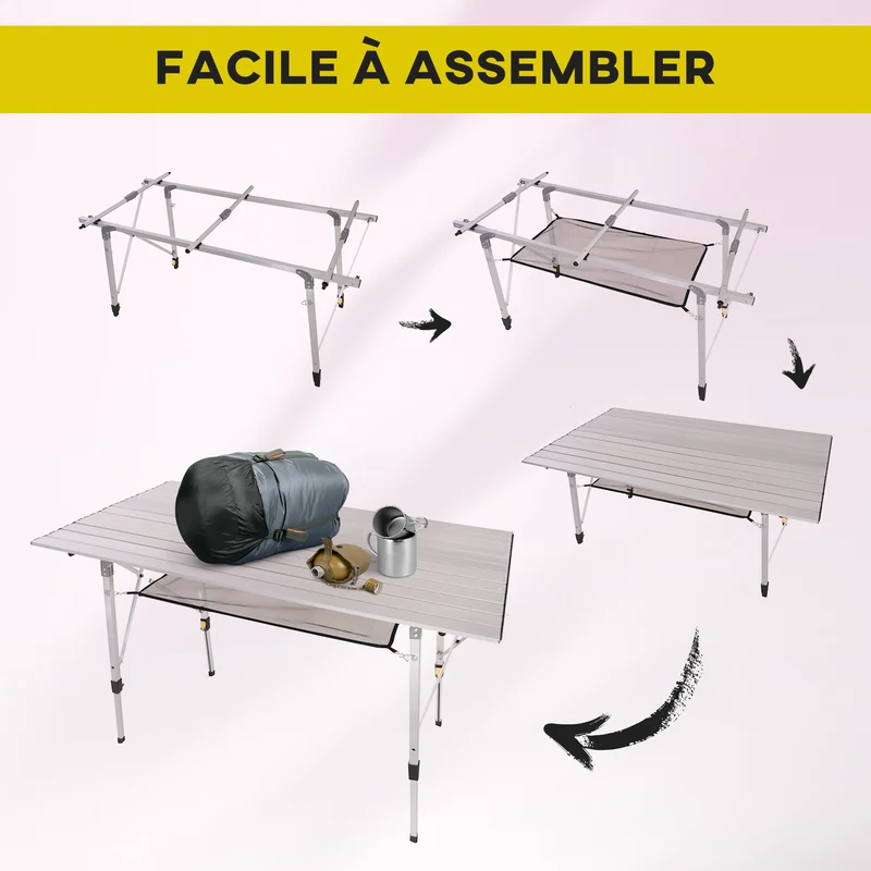 Table pliante camping 120 x 70 x 73 cm hauteur réglable pieds antidérapants extérieur contemporain en aluminium gris 21_0006450
