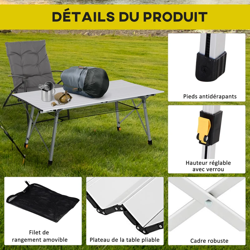 Table pliante camping 120 x 70 x 73 cm hauteur réglable pieds antidérapants extérieur contemporain en aluminium gris 21_0006450