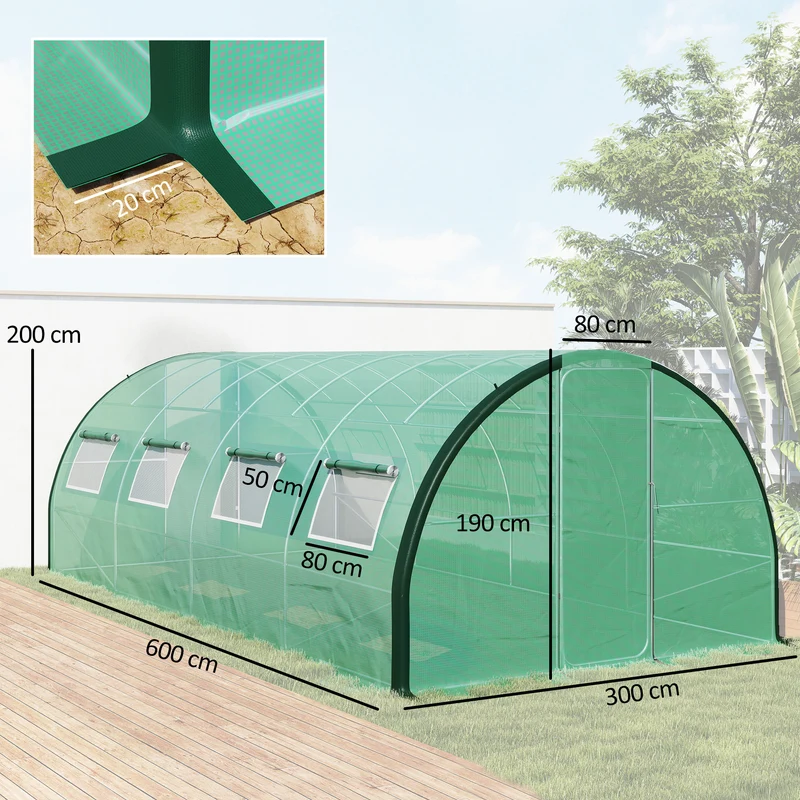 Serre tunnel de jardin 600 x 300 x 200 cm protection UV 2 portes 8 fenêtres ventilation moderne en acier galvanisé vert 21_0005421
