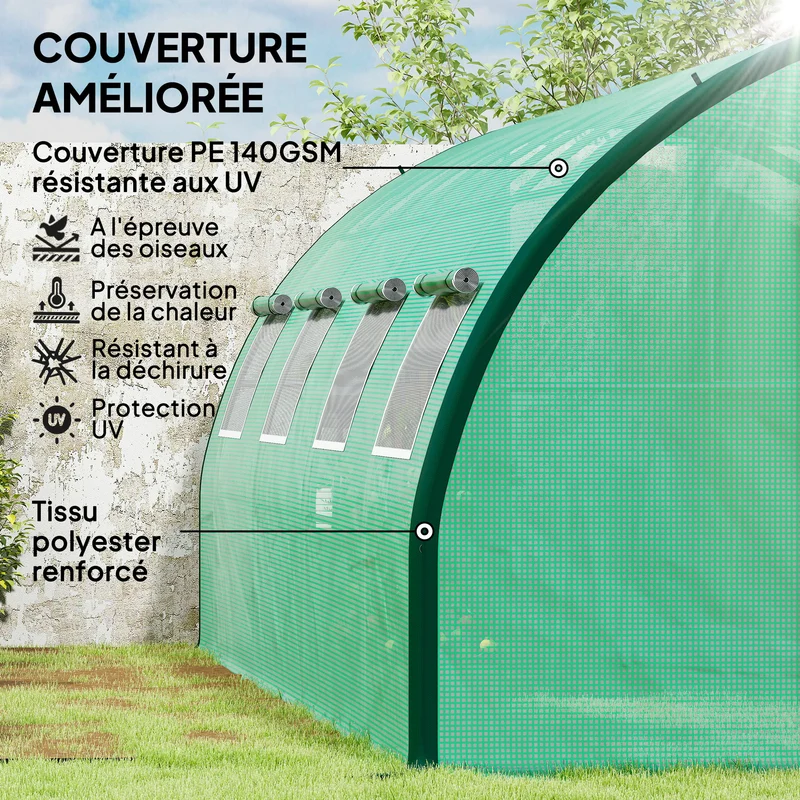 Serre tunnel de jardin 600 x 300 x 200 cm protection UV 2 portes 8 fenêtres ventilation moderne en acier galvanisé vert 21_0005421