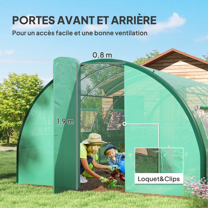 Serre tunnel de jardin 600 x 300 x 200 cm protection UV 2 portes 8 fenêtres ventilation moderne en acier galvanisé vert 21_0005421