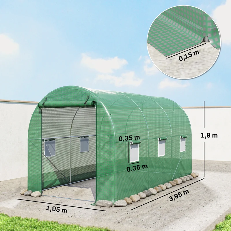 Serre tunnel de jardin 4 x 2 x 1,9 m protection anti insectes porte zippée finition mate moderne en polyéthylène vert 21_0004077