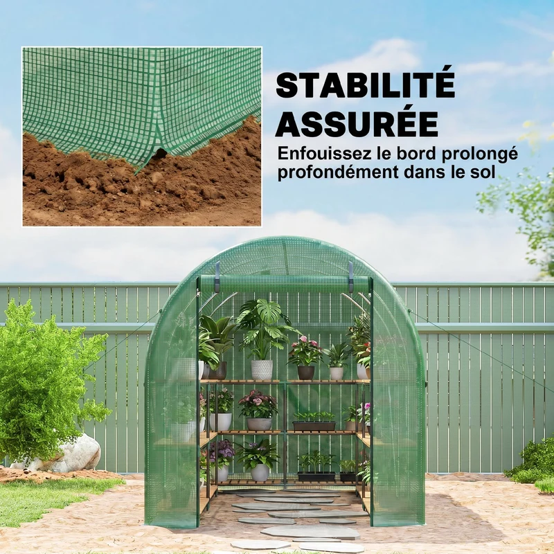 Serre tunnel de jardin 4 x 2 x 1,9 m protection anti insectes porte zippée finition mate moderne en polyéthylène vert 21_0004077