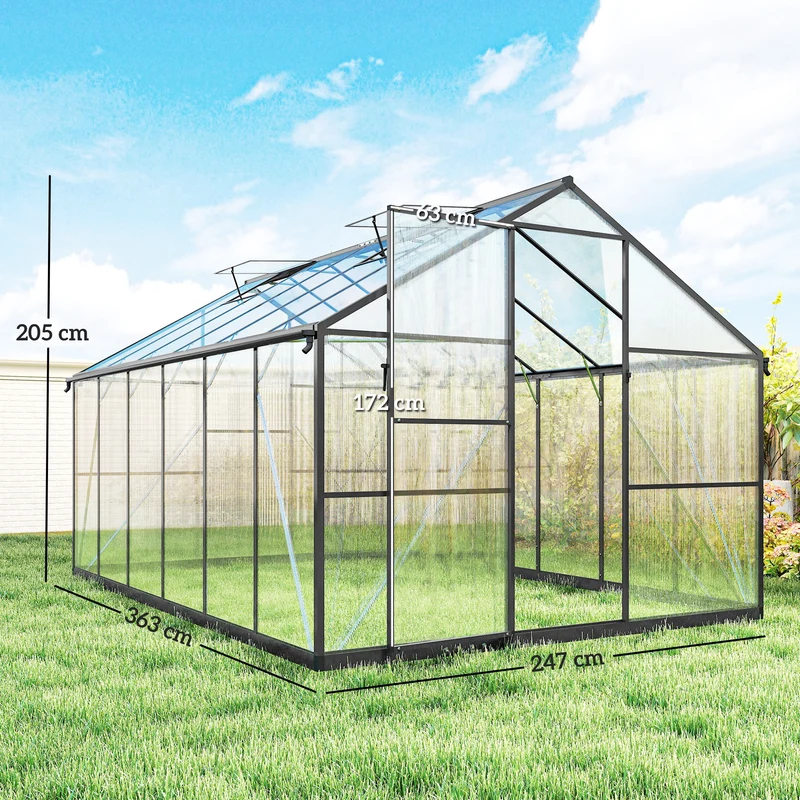 Serre de jardin 363 x 247 x 205 cm porte battante aération réglable design moderne épuré en polycarbonate transparent 21_0005656