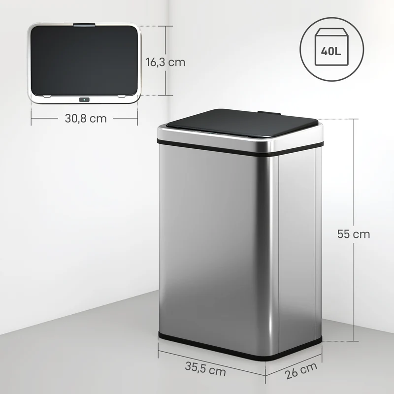 Poubelle à capteur 40 l cuisine 35 x 26 x 55 cm ouverture rapide fermeture douce moderne en acier inoxydable argenté 21_0005943
