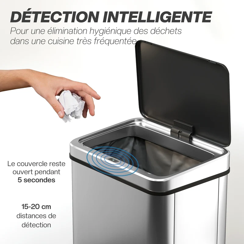 Poubelle à capteur 40 l cuisine 35 x 26 x 55 cm ouverture rapide fermeture douce moderne en acier inoxydable argenté 21_0005943