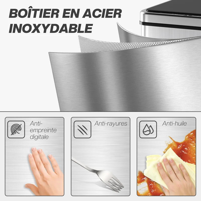 Poubelle à capteur 40 l cuisine 35 x 26 x 55 cm ouverture rapide fermeture douce moderne en acier inoxydable argenté 21_0005943